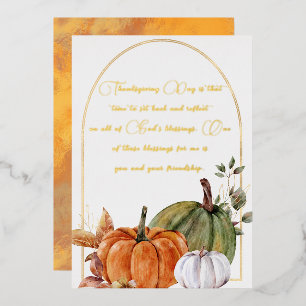 Elegantes Orange White Green Pumpkins Gold Script Folien Feiertagskarte