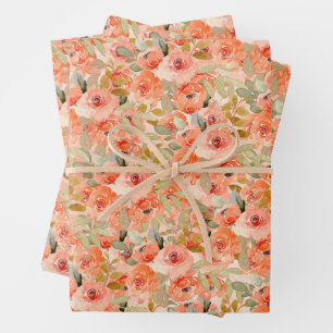 Elegantes orangefarbenes Aquarell-Blumenmuster  Geschenkpapier Set