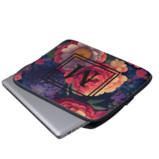 Elegantes orangefarbenes blumenromantisches Monogr Laptopschutzhülle (Vorne Knopf)