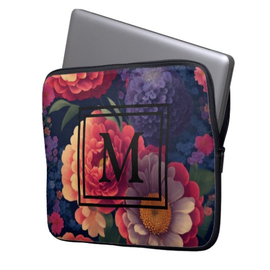 Elegantes orangefarbenes blumenromantisches Monogr Laptopschutzhülle (Vorderseite Links)