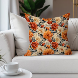Elegantes orangefarbenes cremefarbenes teal-blumig kissen