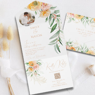 Elegantes orangefarbenes Foto WasserfarbeBlütenfar All In One Einladung