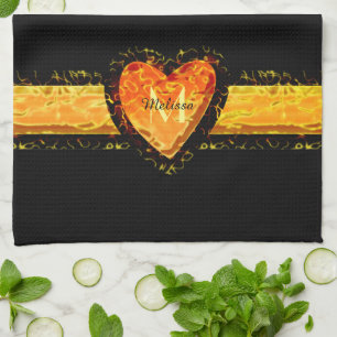 Elegantes orangefarbenes Herz Valentinstag Schwarz Geschirrtuch