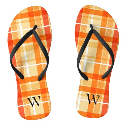 Elegantes orangegelb Tartan Karomuster Monogramm Badesandalen (Fußbett)