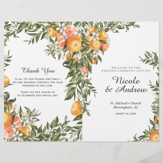 Elegantes Orangen-Hochzeitsprogramm gefaltet (Vorderseite)