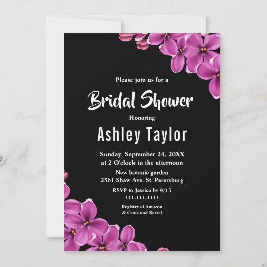 Elegantes Orchid-Blume Schwarzes Brautparty Einladung (Vorderseite)