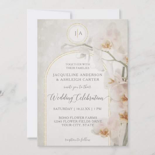 Elegantes Orchid-Gold-Arch-neutrales Monogramm in Einladung (Vorderseite)