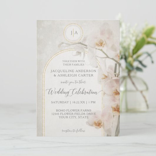 Elegantes Orchid-Gold-Arch-neutrales Monogramm in Einladung (Stehend Vorderseite)