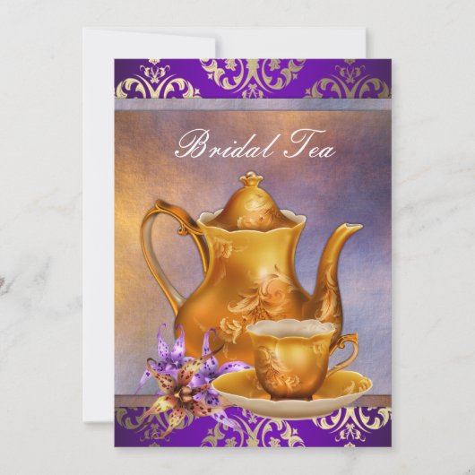 Elegantes Orchid Gold und Lila Bridal Tea Party Einladung (Vorderseite)