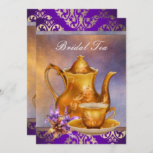 Elegantes Orchid Gold und Lila Bridal Tea Party Einladung (Vorne/Hinten)
