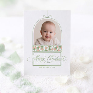 Elegantes Ornamentbogen-Foto Weihnachtskarte in Gr Feiertagskarte