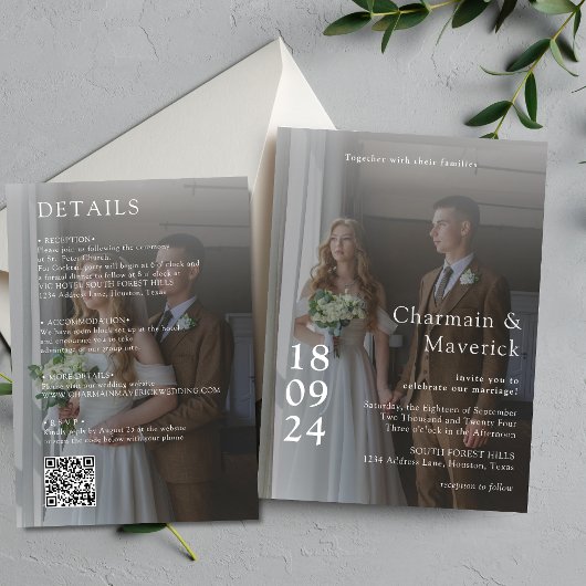Elegantes Overlay 2 Foto mit QR Code Wedding Einladung