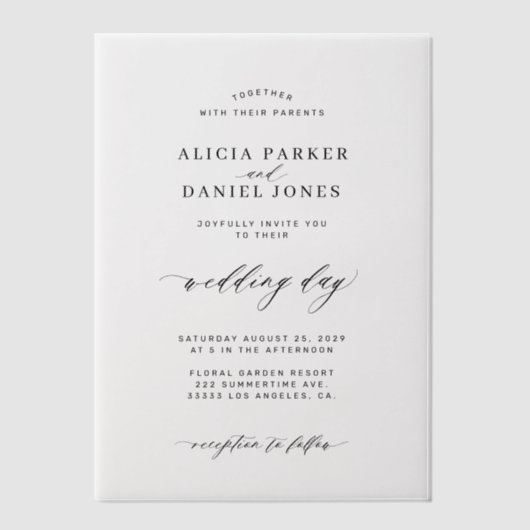 Elegantes Overlay Schwarz-Weiß-Hochzeit Pergament Einladungen (Vorderseite)