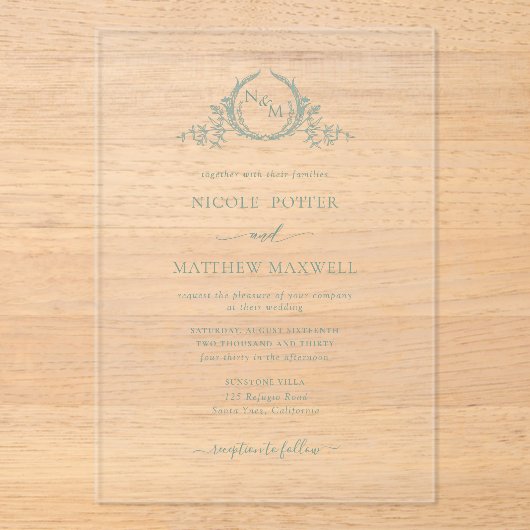 Elegantes Pale Green Royal Crown Wreath Monogram Acryleinladungen (Vorderseite)