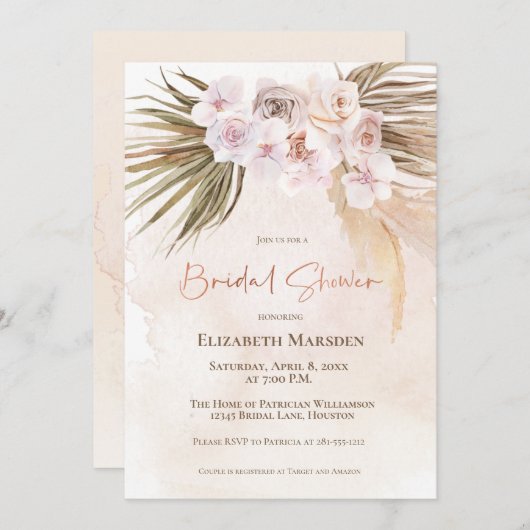 Elegantes Pampas Grass Champagne Brautparty Einladung (Vorne/Hinten)