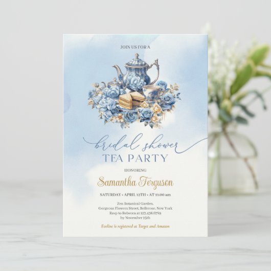 Elegantes Party aus Aquarellblau und Goldtee Einladung (Stehend Vorderseite)