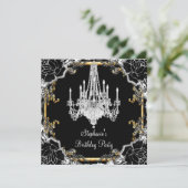 Elegantes Party Black Silver Gold Kristallleuchter Einladung (Stehend Vorderseite)