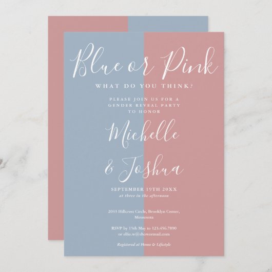 Elegantes Party des Blauen oder Rosa Geschlechts Einladung (Vorne/Hinten)