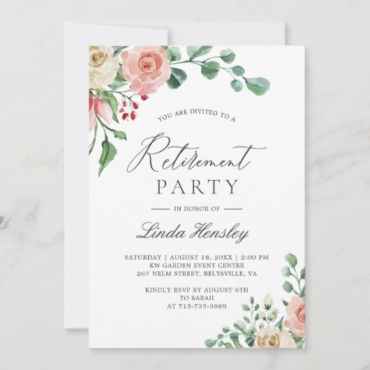 Elegantes Party für Wasserfarben Rose Blumenbesitz Einladung (Vorderseite)