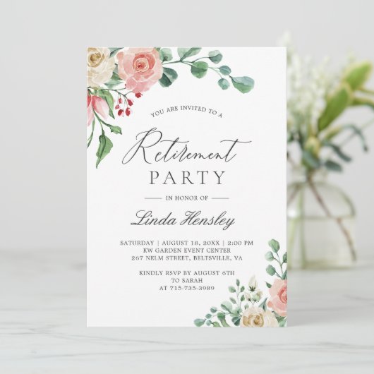 Elegantes Party für Wasserfarben Rose Blumenbesitz Einladung (Stehend Vorderseite)