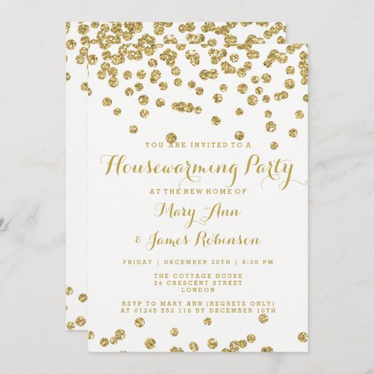 Elegantes Party Housewarming Gold Glitzer Confetti Einladung (Vorne/Hinten)