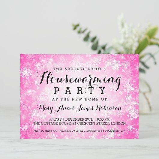 Elegantes Party Housewärming Rosa Winter Wunderlan Einladung (Stehend Vorderseite)