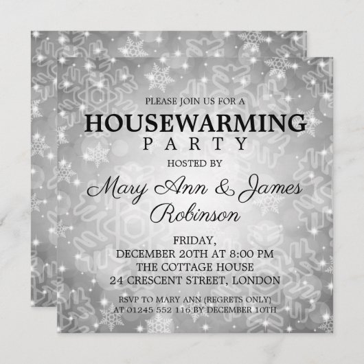 Elegantes Party Housewarming Silver Winter Bokeh Einladung (Vorne/Hinten)