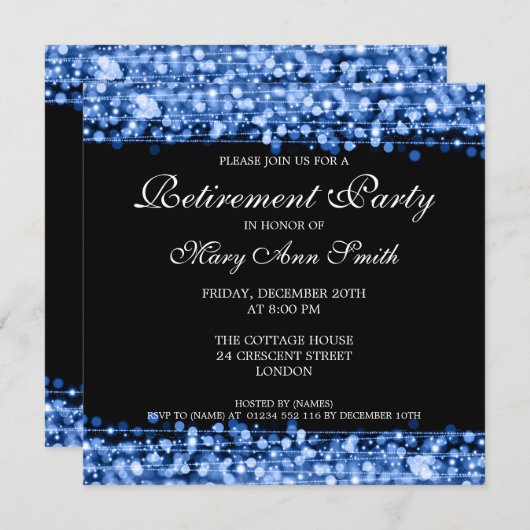 Elegantes Party Pension Blue Glitzern Einladung (Vorne/Hinten)