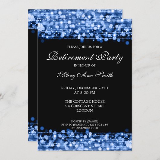 Elegantes Party Pension Blue Glitzern Einladung (Vorne/Hinten)