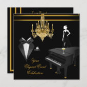 Elegantes Party Piano Chandelier Gold Champagne Einladung (Vorne/Hinten)
