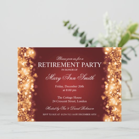 Elegantes Party Ruhestand Gold Sparkling Lights Einladung (Stehend Vorderseite)