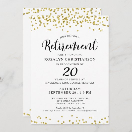 Elegantes Party Script Gold Confetti Einladung (Vorne/Hinten)