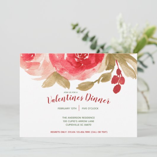 Elegantes Party Watercolor-Rote Rosevalentines Einladung (Stehend Vorderseite)