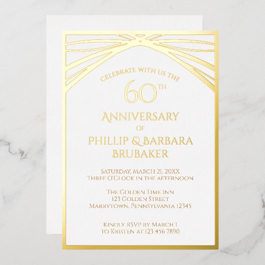 Elegantes Party zum 60. Hochzeitstag Gold Folieneinladung (Vorderseite/Rückseite)