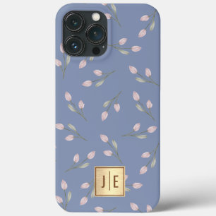 Elegantes Pastel Blue Floral Shiny Gold Monogramm Case-Mate iPhone Hülle
