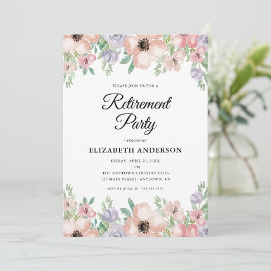 Elegantes Pastel Floral Retirement Party Einladung (Stehend Vorderseite)