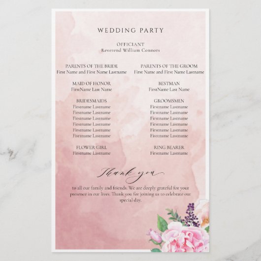 Elegantes Pastel Lila Floral Wedding Programm (Rückseite)
