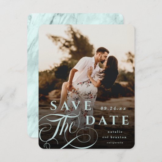 Elegantes Pastel Mint Typografy & Marble Back Foto Save The Date (Vorne/Hinten)