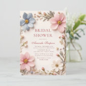 Elegantes Pastel Pink Bohemische Blume Brautparty Einladung (Stehend Vorderseite)