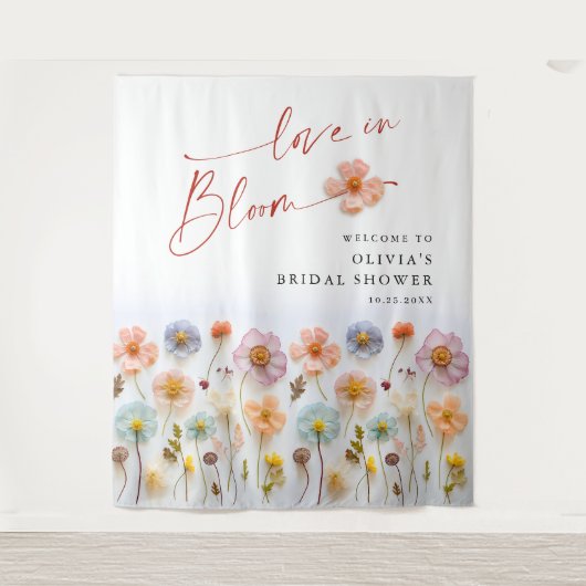 Elegantes Pastel Pink Boho Wildblume Brautparty Wandteppich (Vorderseite)