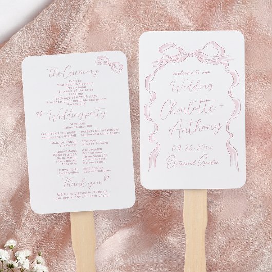 Elegantes Pastel Pink Hand Drawn Bow Wedding Progr Fächer