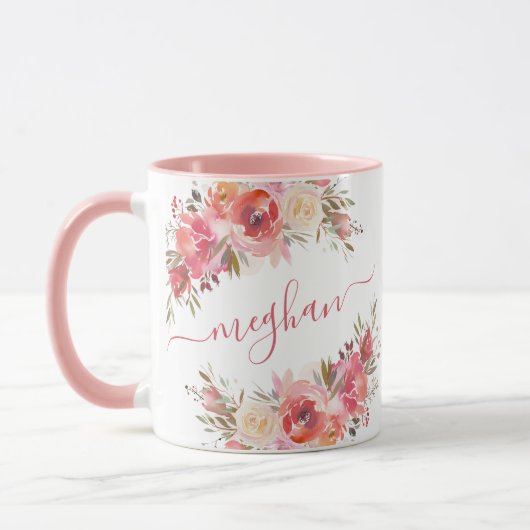 Elegantes Pastel Pink Peach Rose Floral Monogramm Tasse (Links)