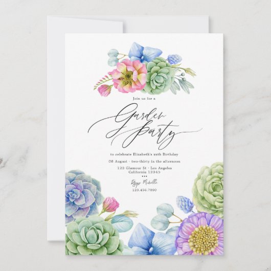 Elegantes Pastel Succulent Garden Party Einladung (Vorderseite)