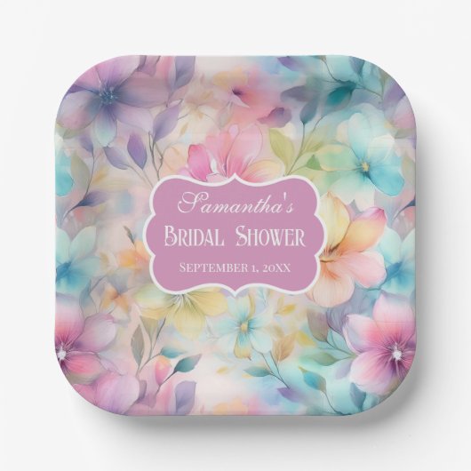 Elegantes Pastel Watercolor Florals Brautparty Pappteller (Vorderseite)
