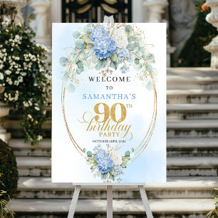Elegantes Pastellblau-Blumen-Gold 90. Geburtstags- Poster