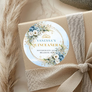 Elegantes Pastellblau Gold Eukalyptus Quinceañera Runder Aufkleber