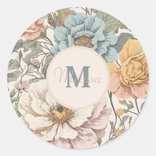 Elegantes Pastellfarben, Vintages Blumenmonogramm Runder Aufkleber