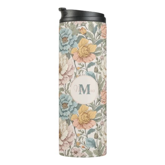 Elegantes Pastellfarben, Vintages Blumenmonogramm Thermosbecher (Nach rechts gedreht)