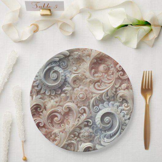 Elegantes, pastellfarbenes Spitzenmuster Pappteller (Hochzeit)