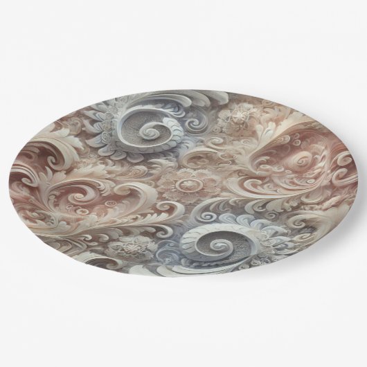 Elegantes, pastellfarbenes Spitzenmuster Pappteller (Schrägansicht)